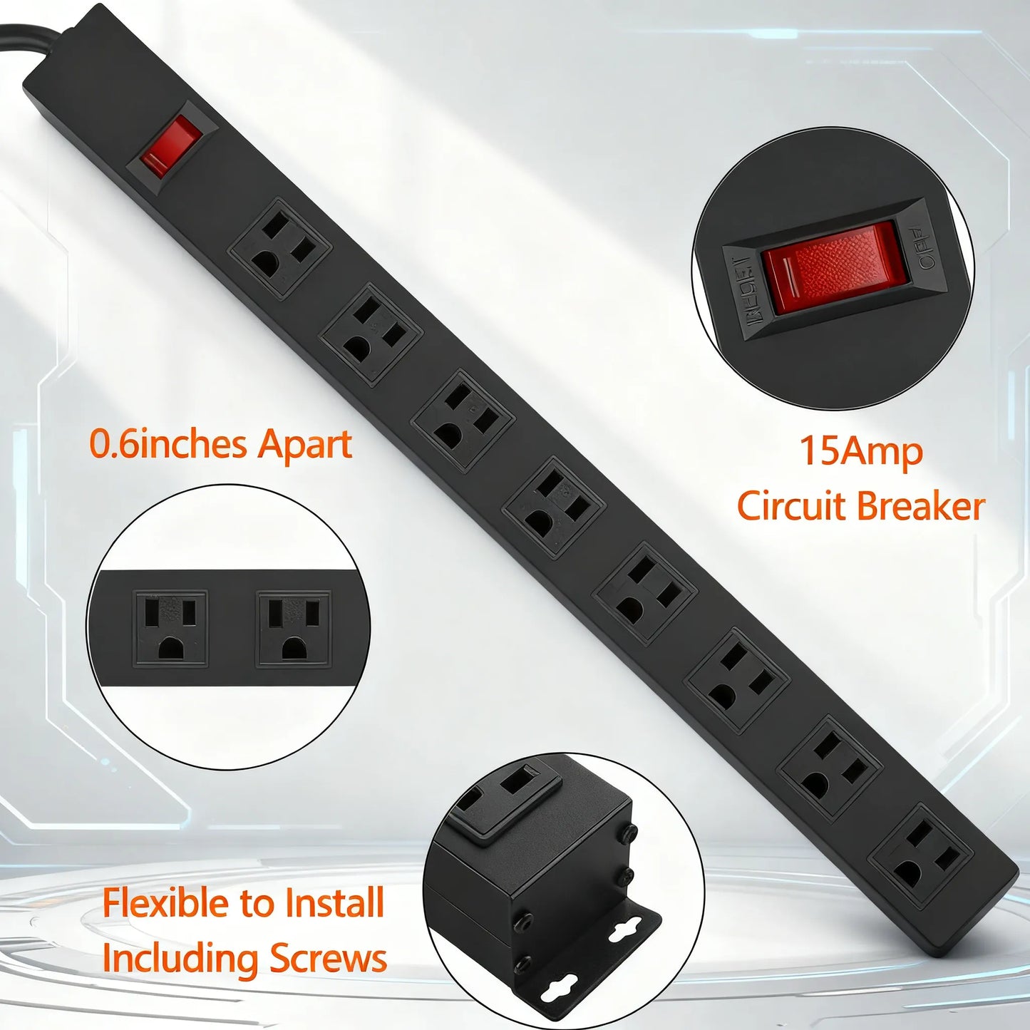 Pro-Series Metal Power Strip, 8/10/12 Outlet Options, Heavy-Duty Commercial/Industrial Use, Widely Spaced Outlets, Circuit Breaker Protected, 6 FT 14AWG Cord