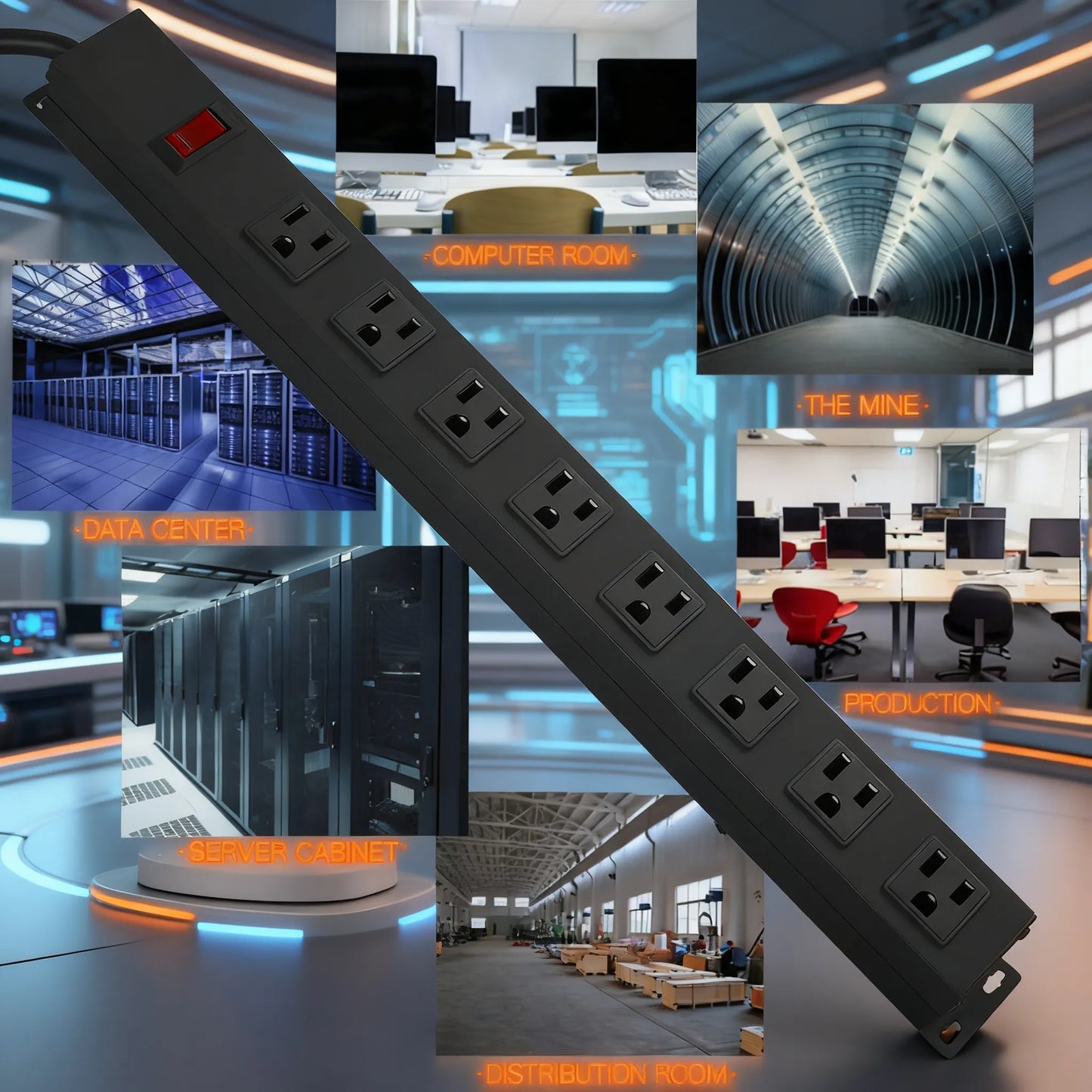 Pro-Series Metal Power Strip, 8/10/12 Outlet Options, Heavy-Duty Commercial/Industrial Use, Widely Spaced Outlets, Circuit Breaker Protected, 6 FT 14AWG Cord